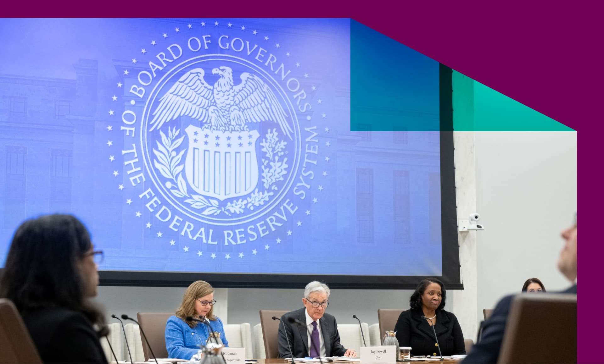 Chairman of the US Federal Reserve Jerome Powell speaks alongside Michelle Bowman (L), Board Vice Chair for Supervision, and Lisa Cook (R), Board Governor, as he chairs a Federal Reserve Board open meeting