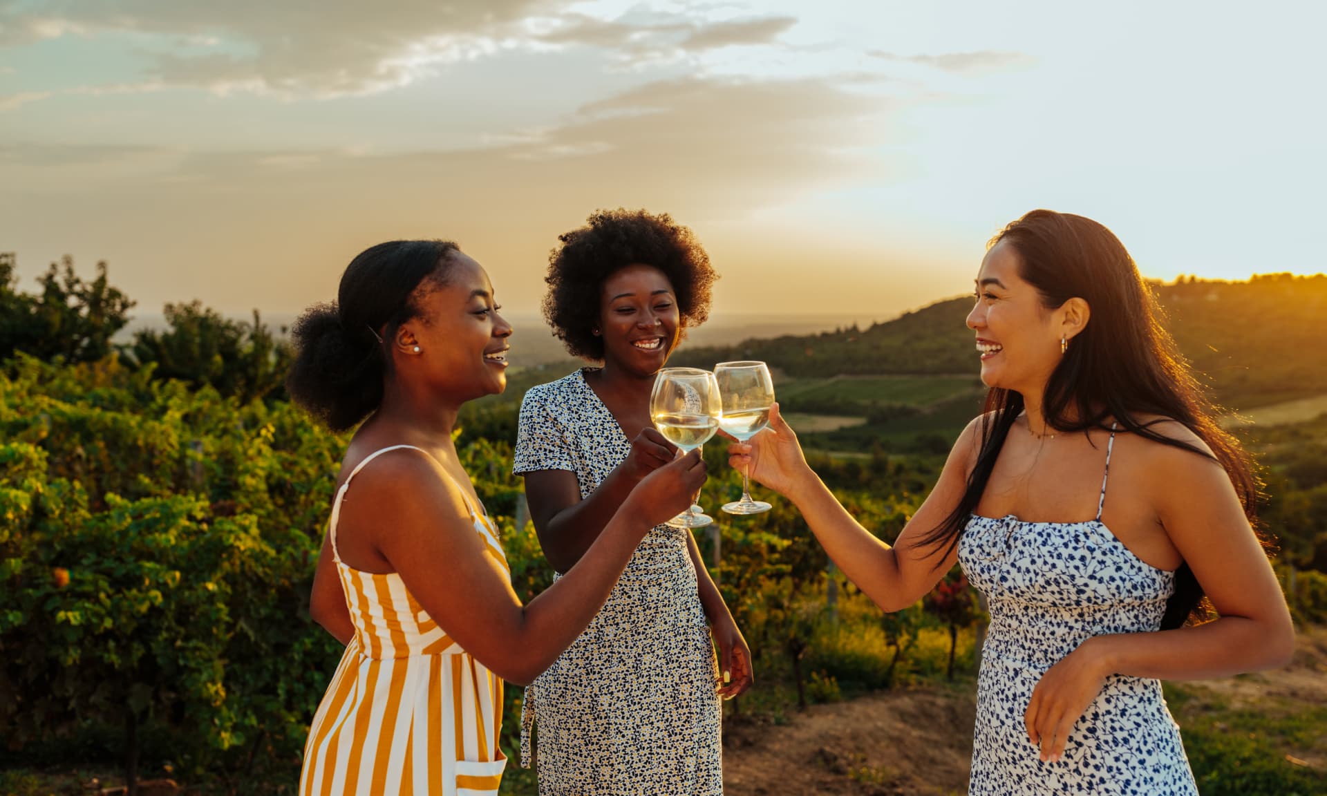 Friends drinking wine at a vineyard