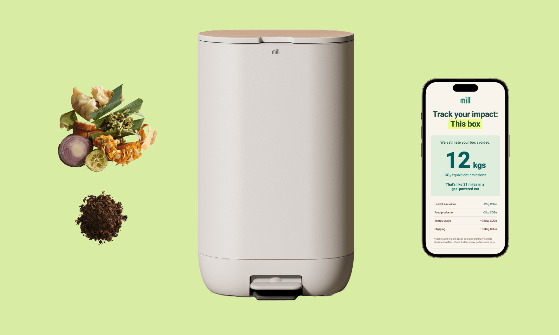 Food scraps, Mill, and a screenshot from the app tracking your impact, on a green background