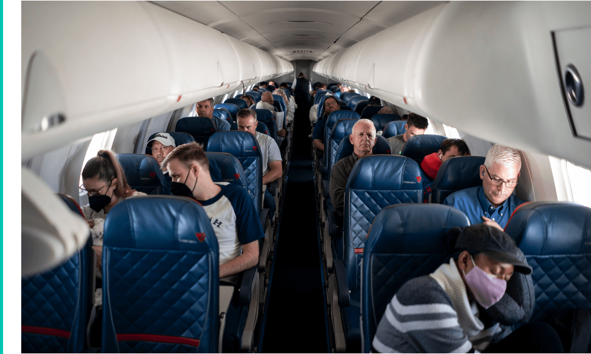 Passengers and flight attendants aboard a flight from LaGuardia Airport bound for Kansas City International Airport on Wednesday, May 4, 2022 in Queens, NY