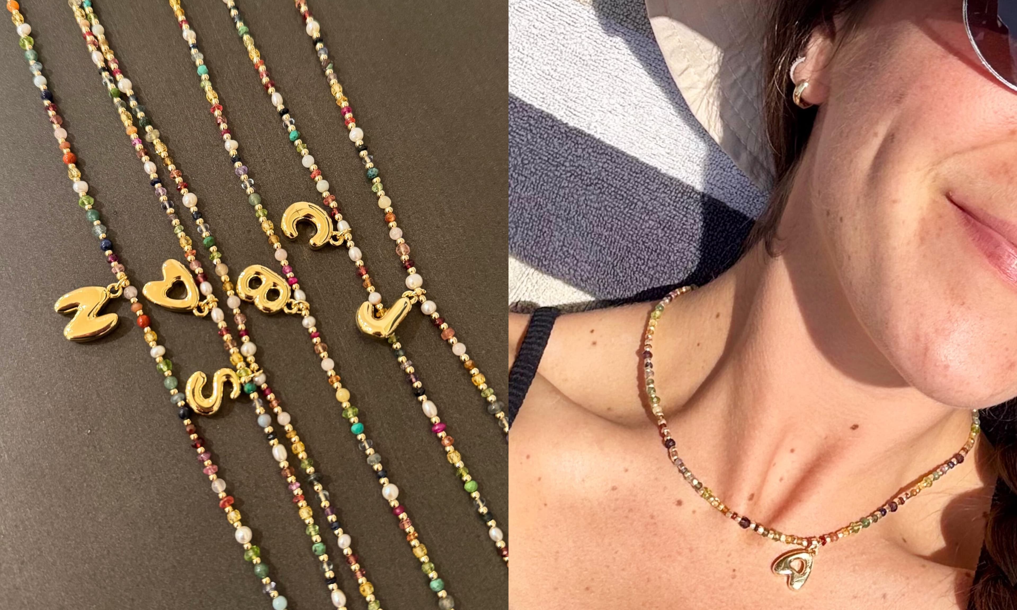 Puffy Initial Multicolor Gemstone Necklace