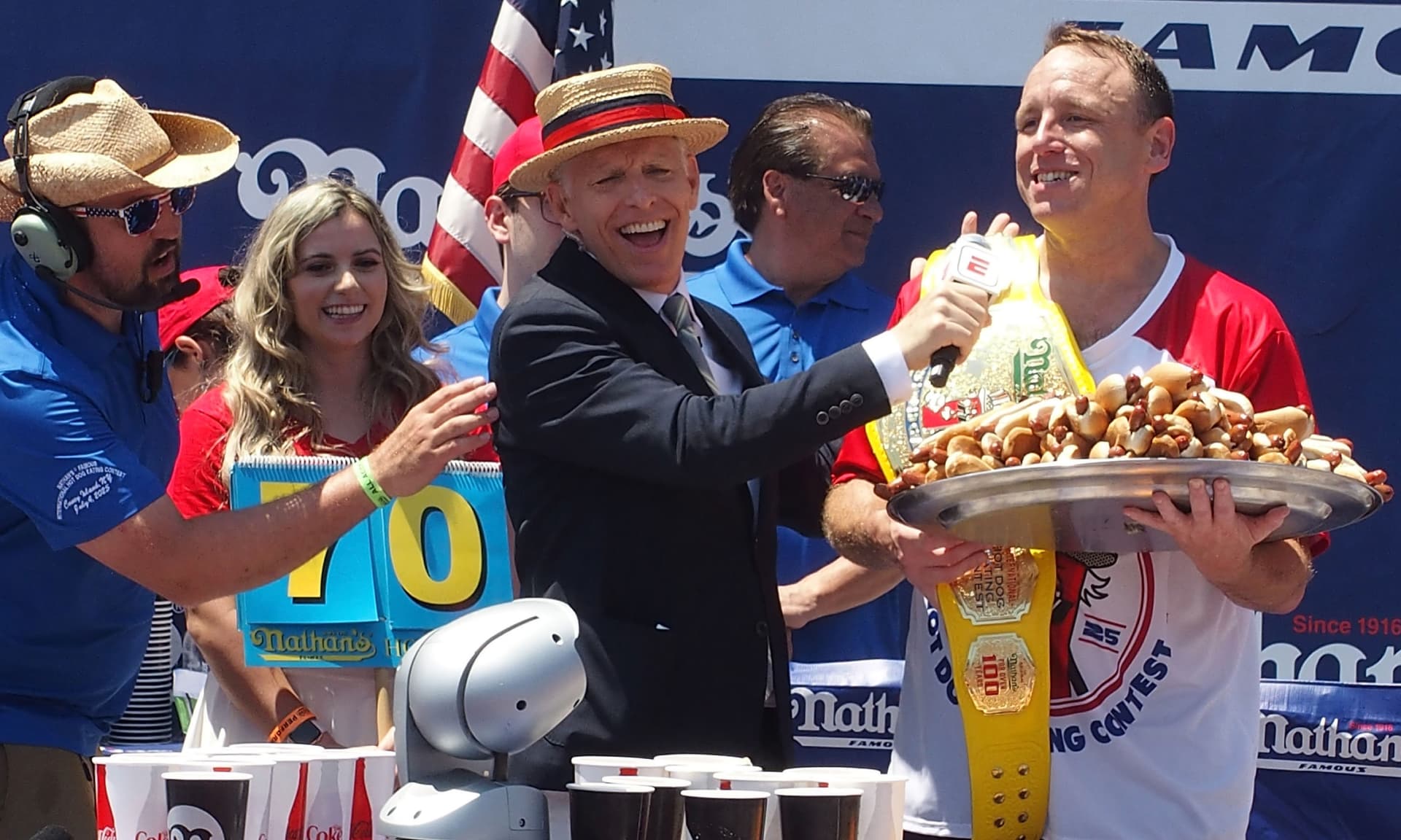 Joey Chestnut wins the 2025 Nathan's Famous International Hot Dog Eating Contest eating 70.5 hot dogs at Coney Island on July 4, 2025